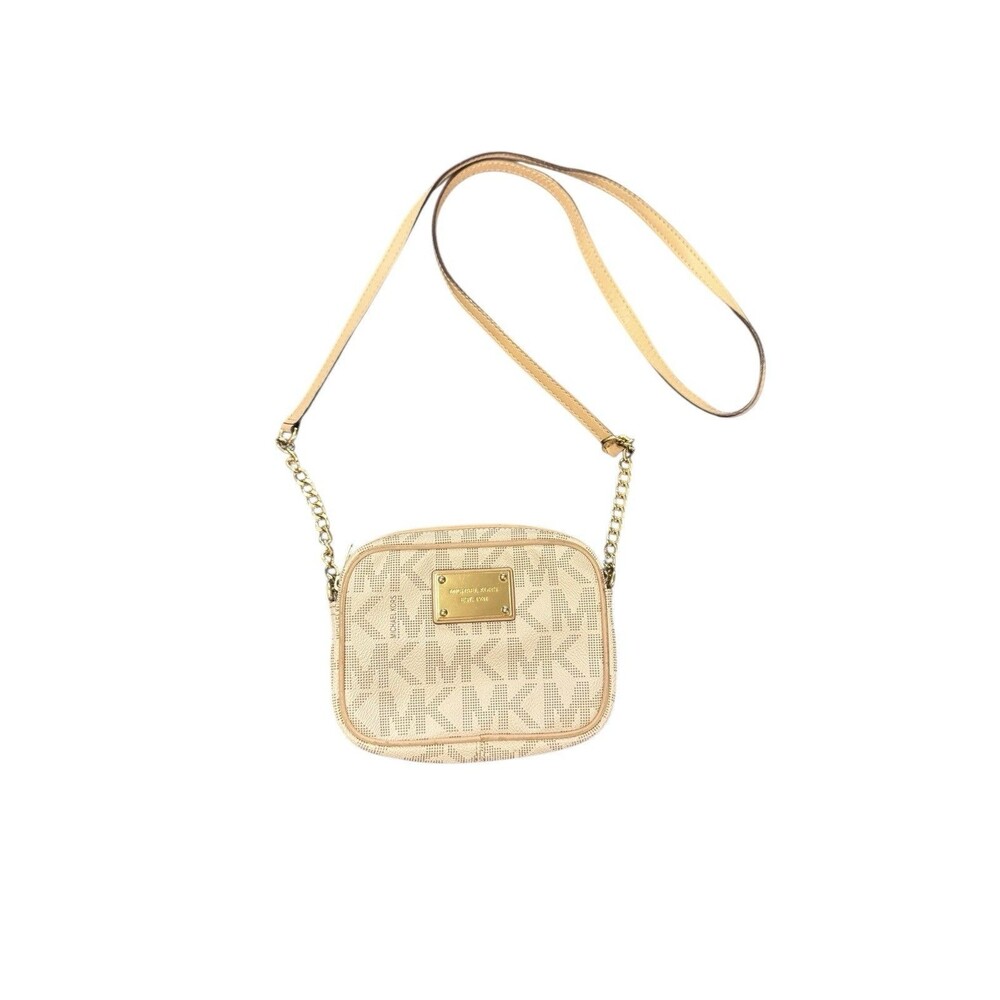 Michael‎ Kors Jet Set Signature PVC Cream Khaki Wallet Crossbody Gold Chain